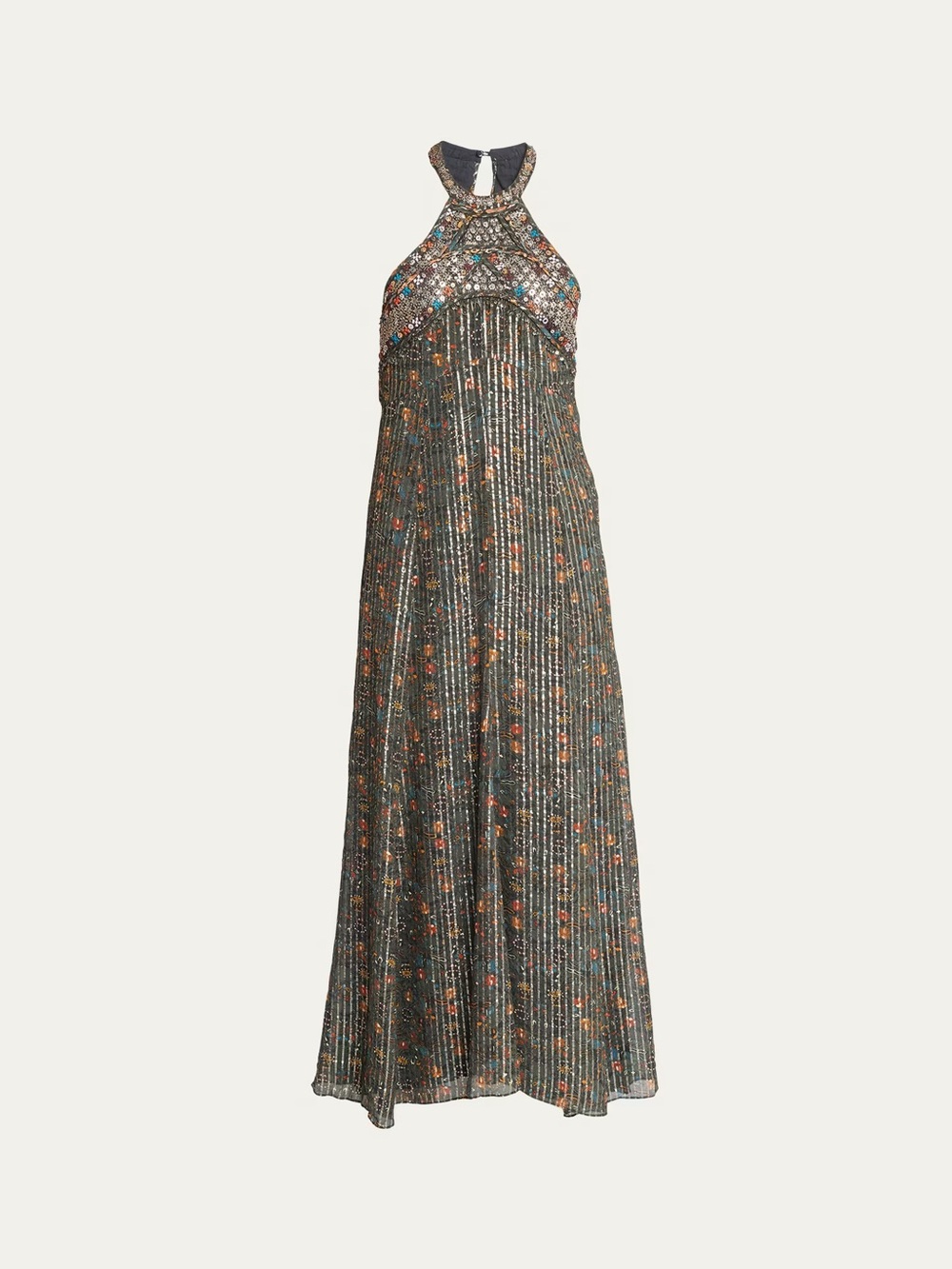 Isabel Marant Ophelie Metallic Striped Beaded Halter Maxi Dress Gown Silk Formal - Picture 2 of 10